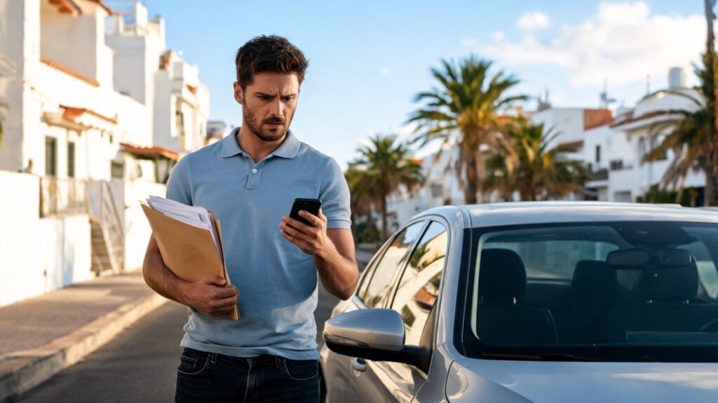 Conductor con documentación junto a su coche en una calle de Tenerife