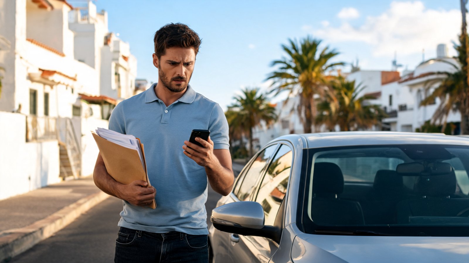 Conductor con documentación junto a su coche en una calle de Tenerife